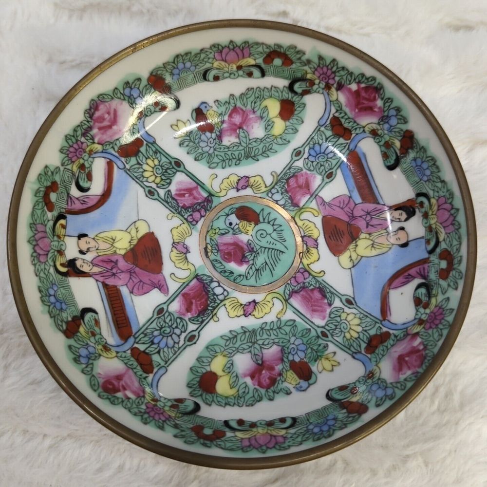 Antique Chinese Bowl w/ Pewter Bottom Porcelain White Pink Rose Design & Figures